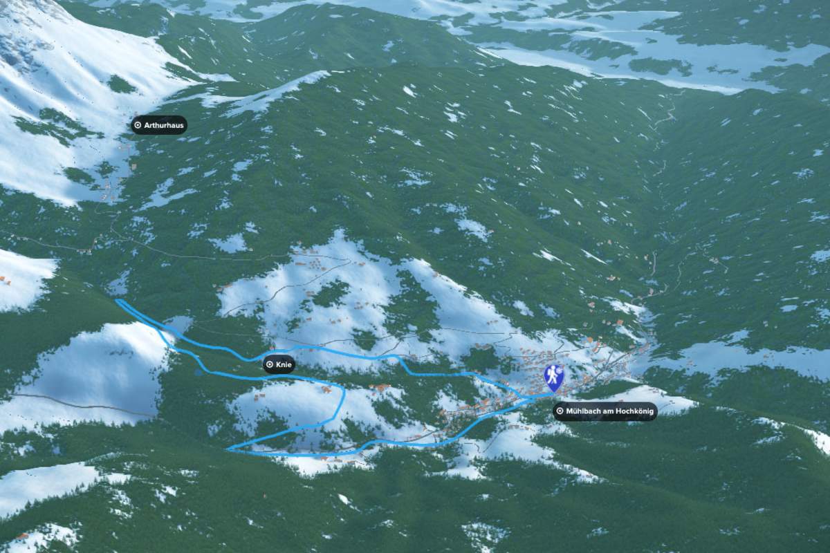 3D-Kartenausschnitt: Winterwanderweg Vierawasch bei Mühlbach am Hochkönig in Salzburg