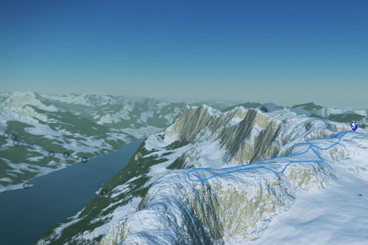 3D-Kartenausschnitt der Winterwanderung am Chäserrugg zu den Rosenböden im Kanton St. Gallen