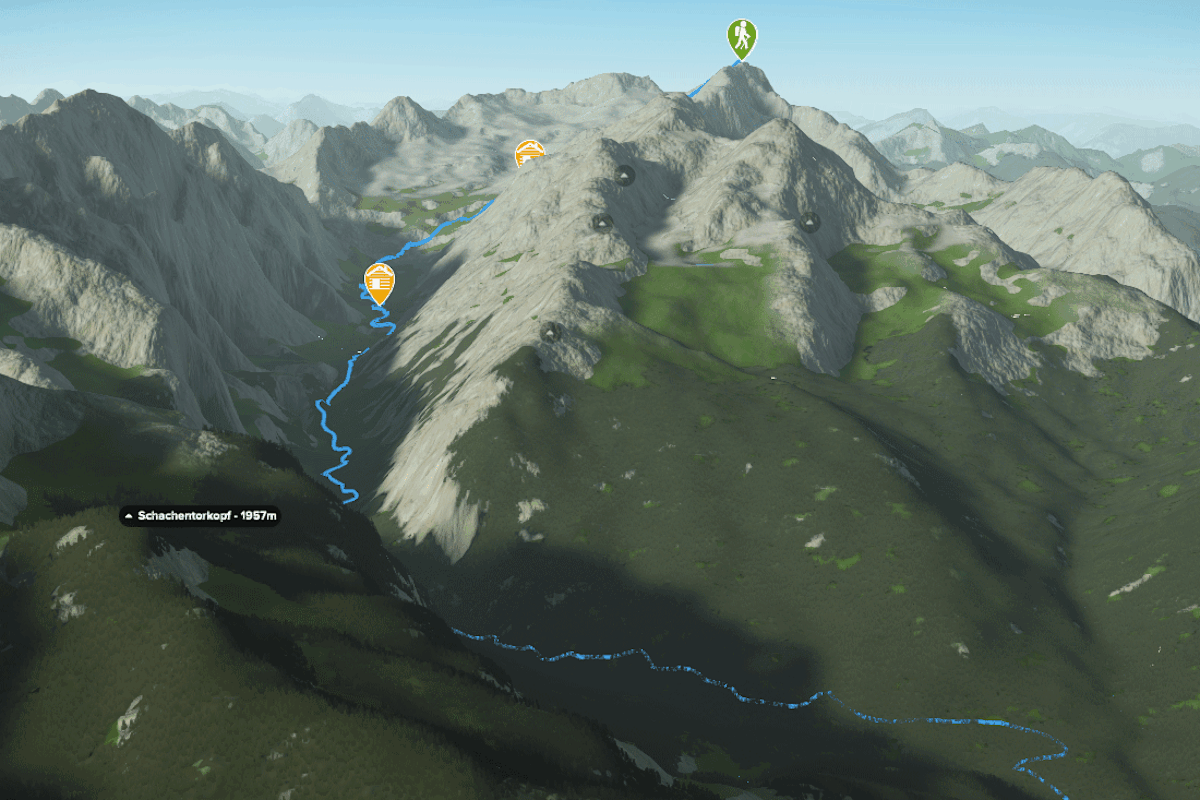3D-Kartenausschnitt der Bergtour auf die Zugspitze im bayerischen Wettersteingebirge