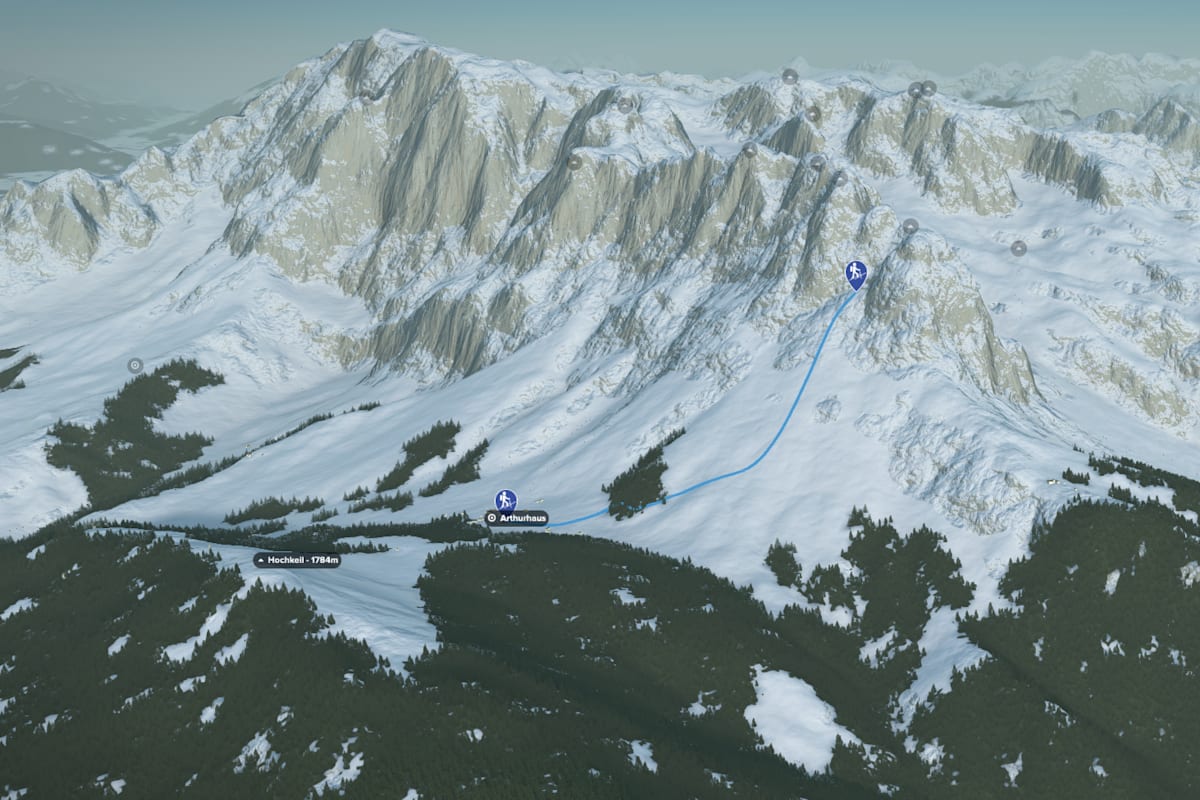 3D-Kartenausschnitt der Skitour Vierrinnenköpfe (1.950 m) in den Berchtesgadener Alpen