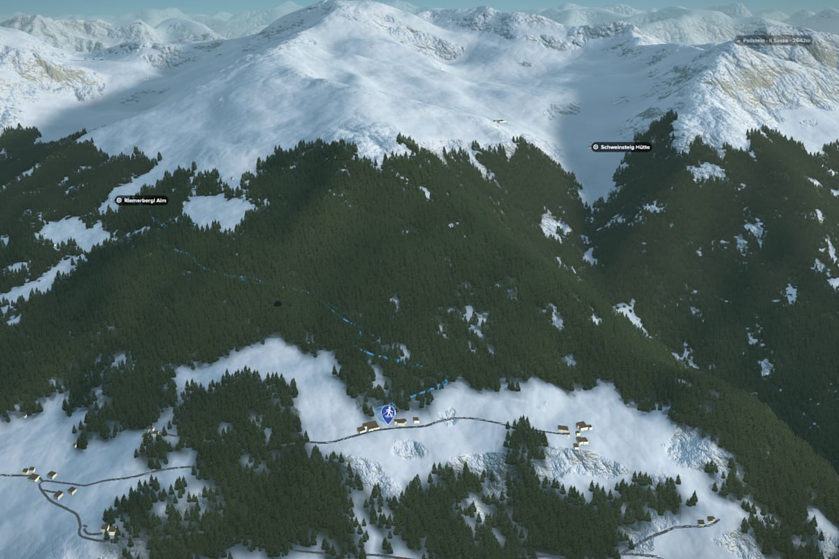 3D-Kartenausschnitt der Schneeschuhtour Riemerberglalm
