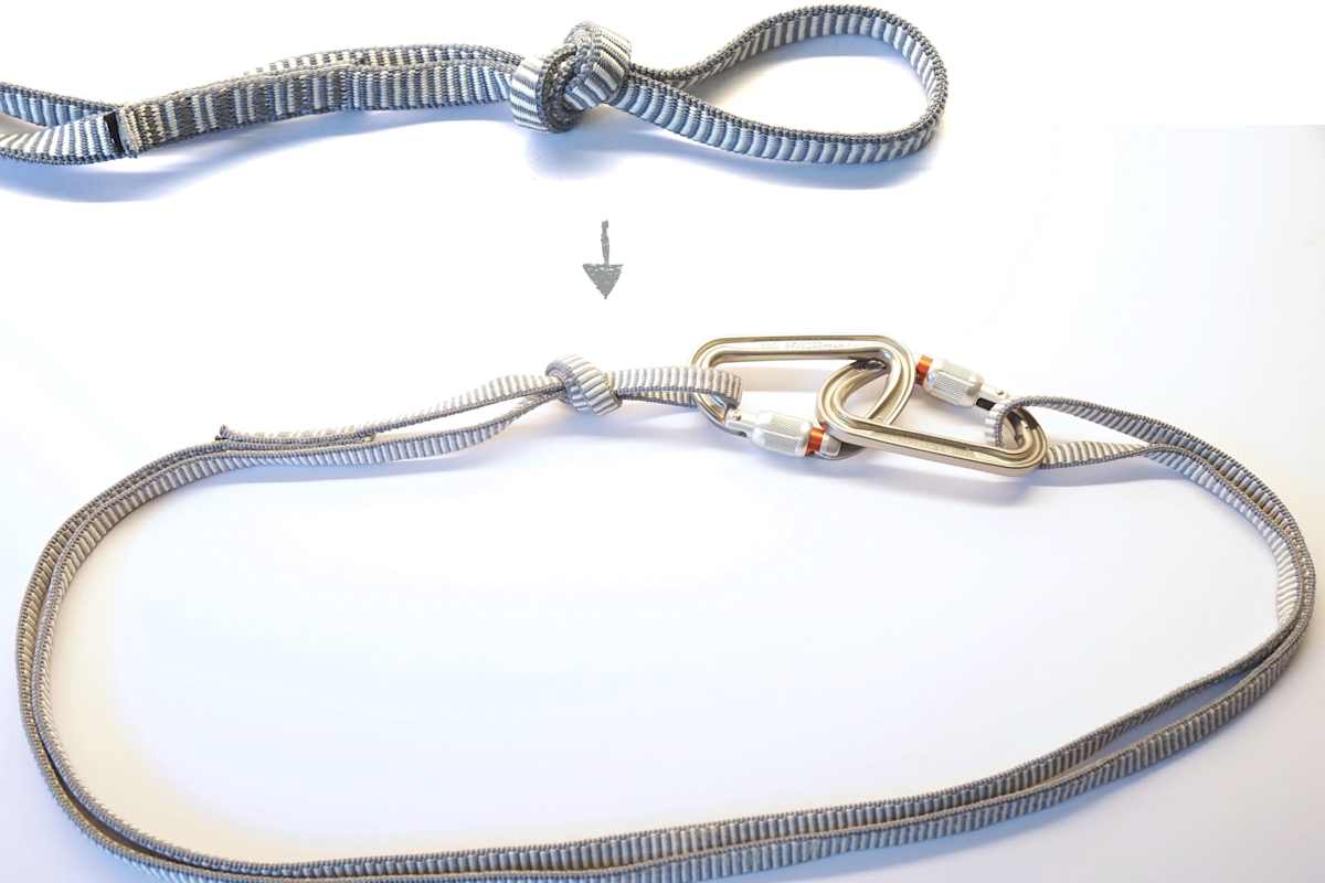 Vorbereitete Standplatzschlinge: „Weiches Auge“ mit Sackstich