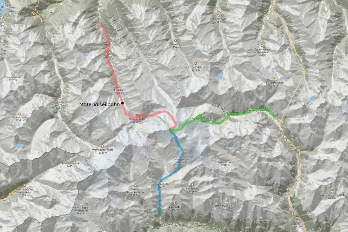 Karte mit Anstiegen auf den Großvenediger