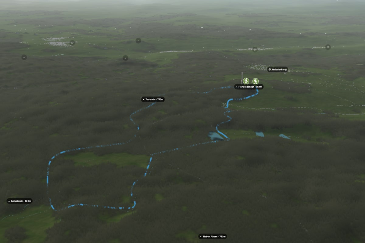 3D-Kartenausschnitt des Höhenrundwegs Vogelsberg in Hessen