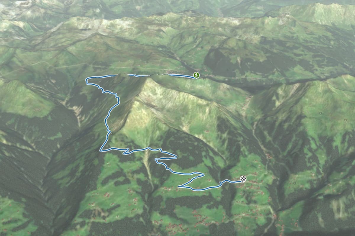 3D-Kartenausschnitt der Rundawnderung von Damüls nach Fontanella im Vorarlberger Bregenzerwald