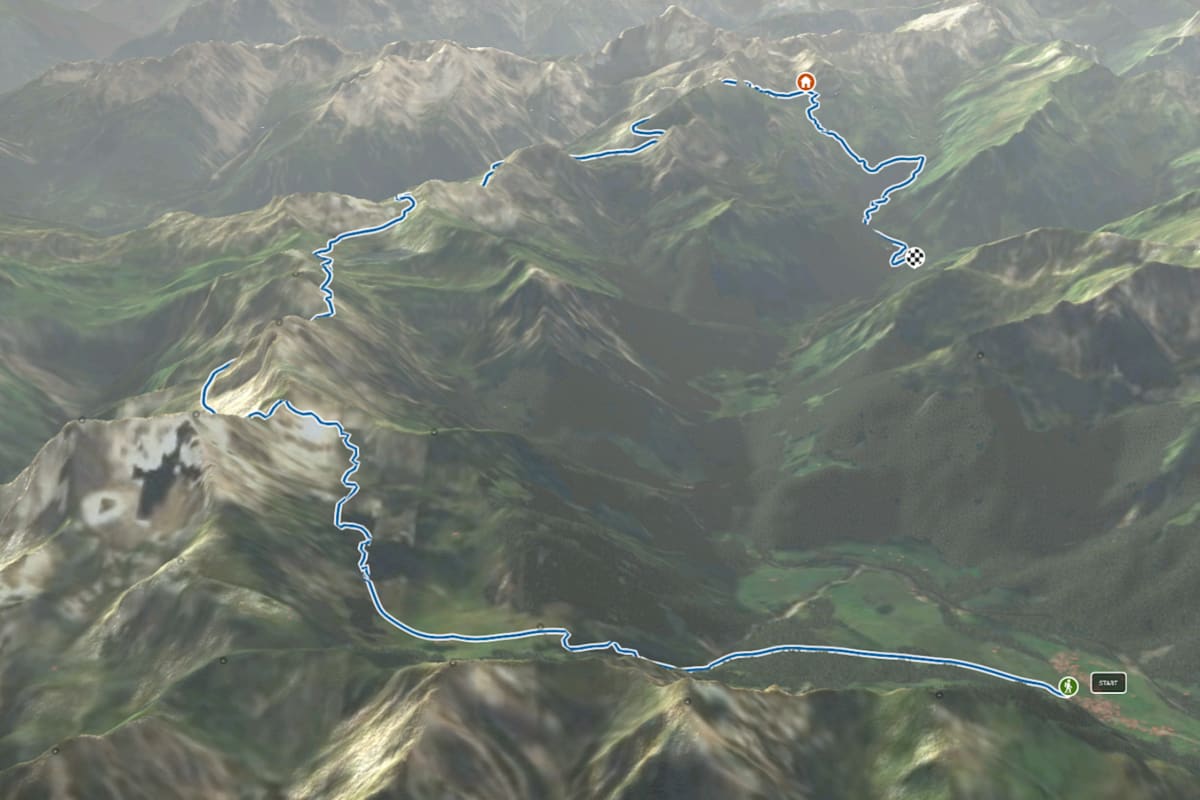 3D-Kartenausschnitt der Höhenwanderung zum Prinz-Luitpold-Haus