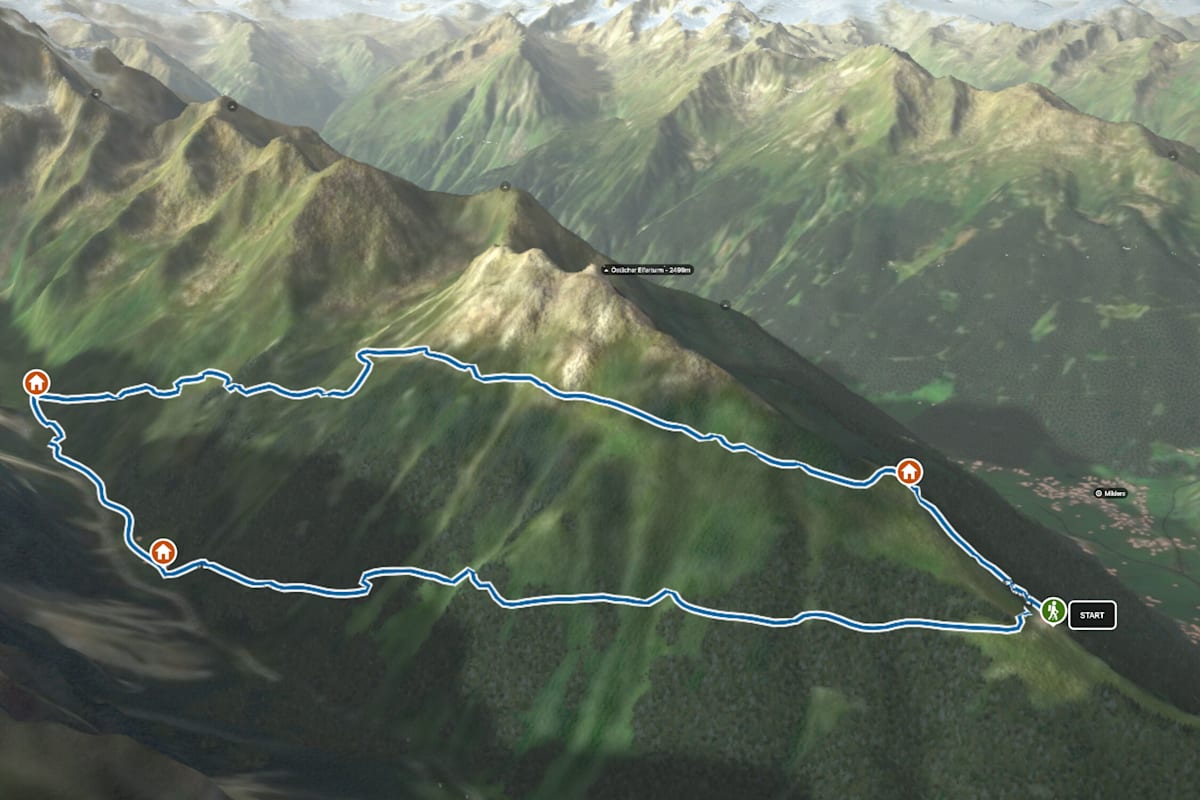 3D-Kartenausschnitt des Panoramaweges am Elfer-Massiv im Stubaital