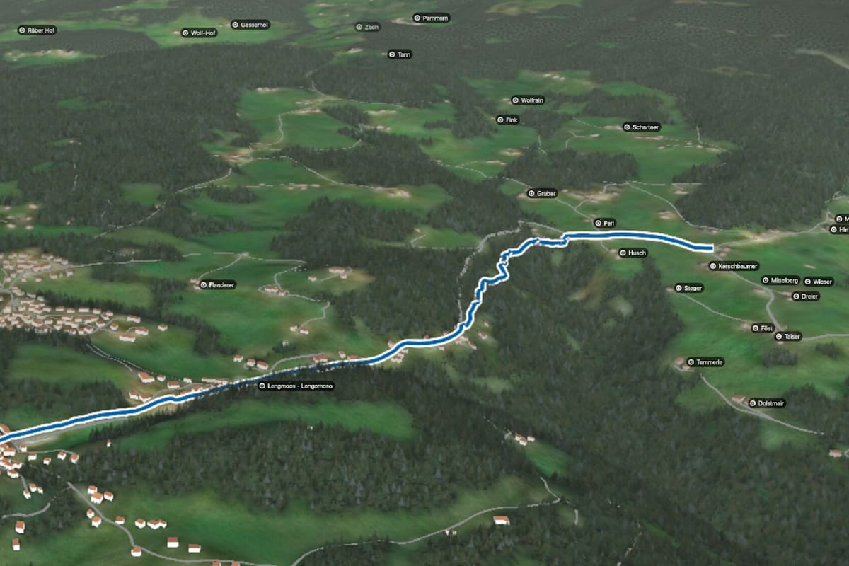 3D-Kartenausschnitt der stadtnahen Wanderung am Ritten zu den Erdpyramiden in Oberbozen