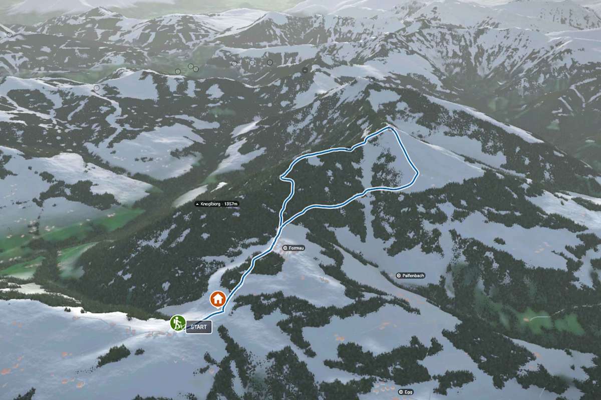 3D-Kartenausschnitt der Skitour auf den Schlenken (1.648 m) nahe der Stadt Salzburg