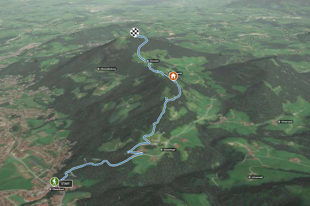 3D-Kartenausschnitt der stadtnahen Wanderung auf den Gaisberg (1.287 m)