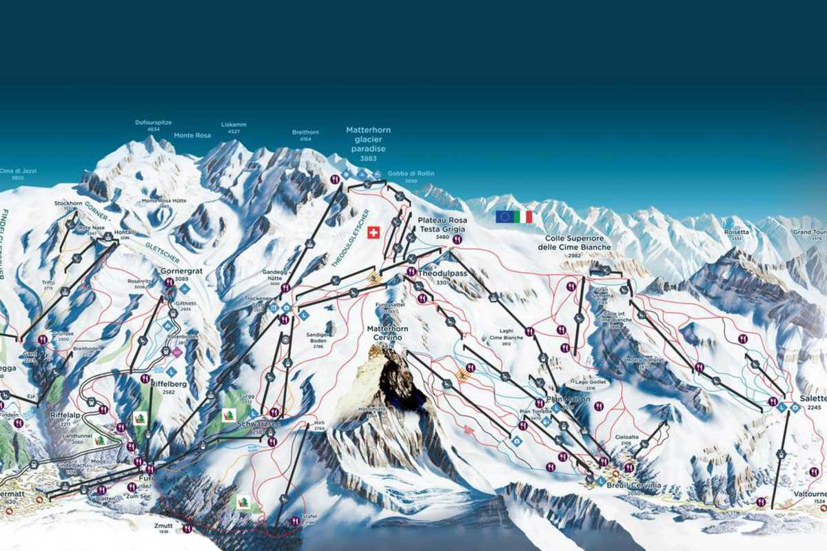 Pistenplan: Skigebiet Zermatt in der Schweiz