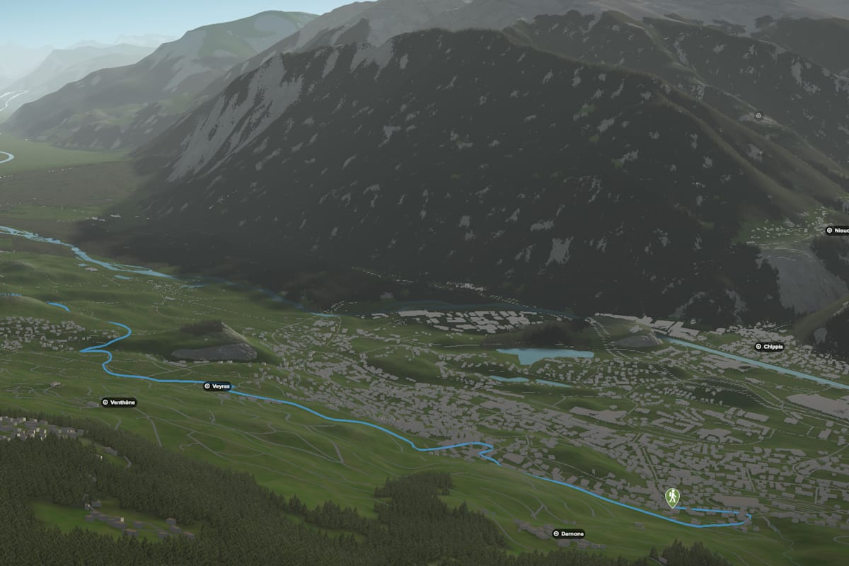 3D-Kartenausschnitt der stadtnahen Wanderung bei Sierre im Kanton Wallis
