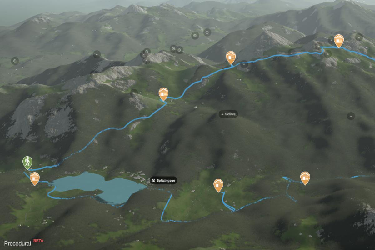Rund um den Spitzingsee in den Bayerischen Voralpen: 3D-Kartenausschnitt der Gesamtstrecke