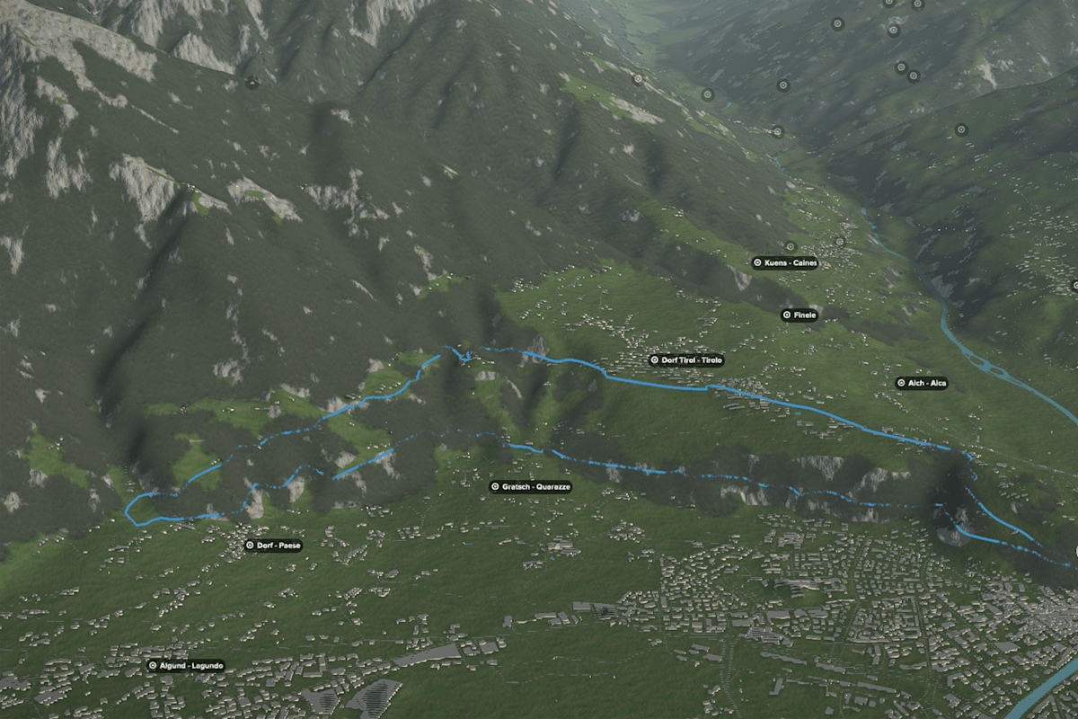 3D-Kartenausschnitt der Wanderung über den Tappeinerweg zum Schluss Tirol.