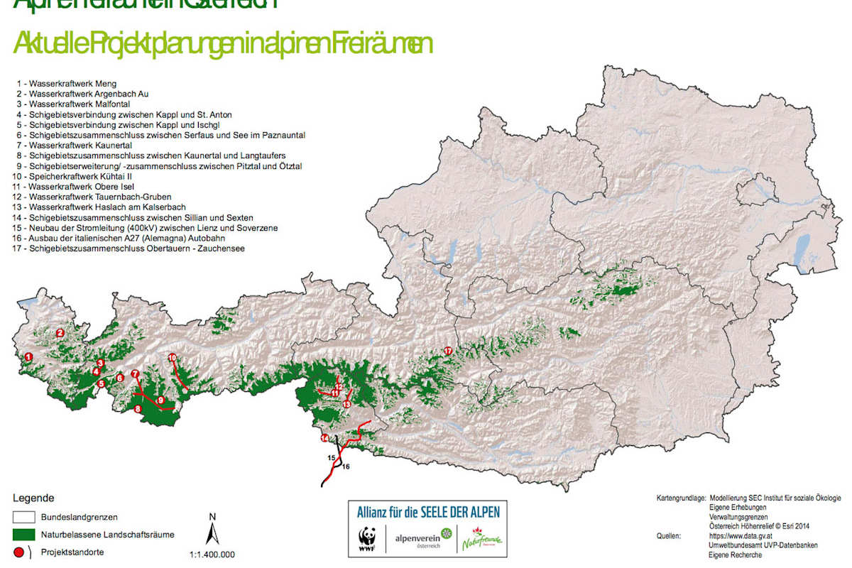 Karte: Aktuelle Projektpläne in alpinen Freiräumen in Österreich