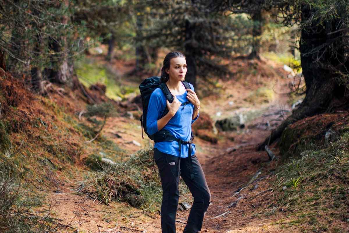 Ein Bergsteiger im Wald.