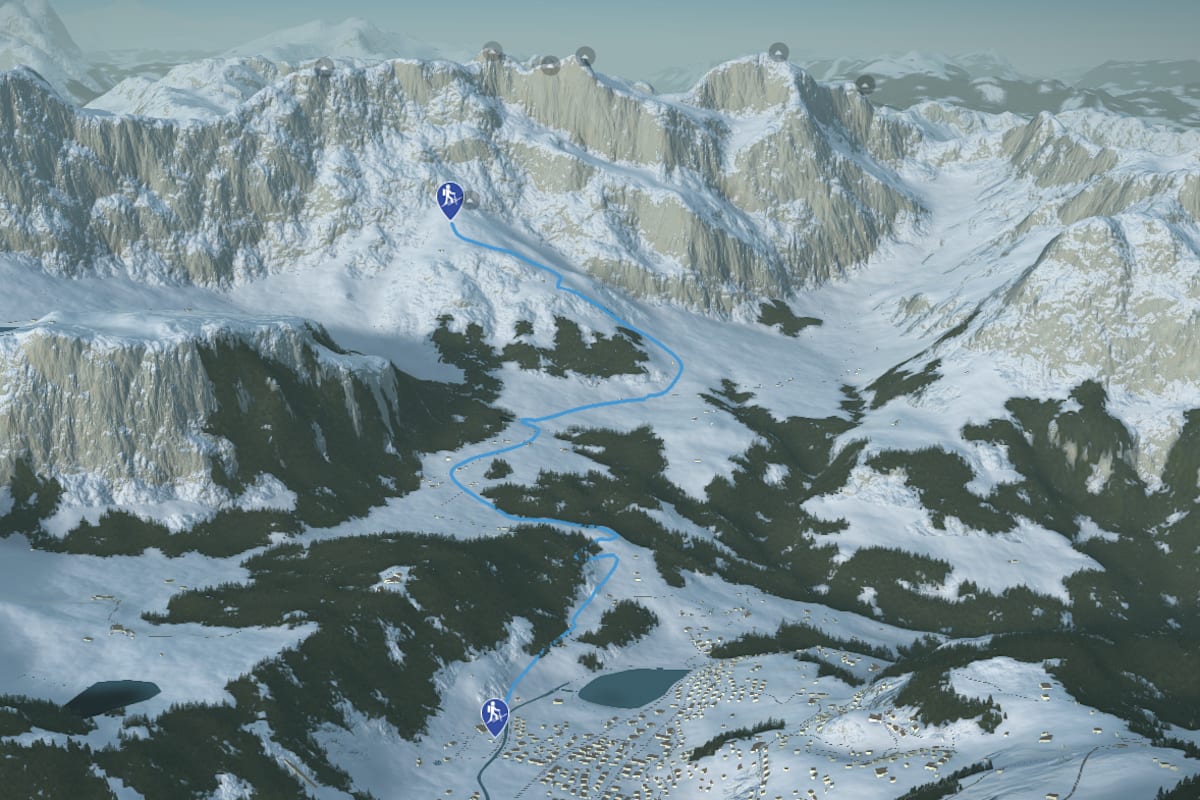 3D-Kartenausschnitt der Skitour auf das Alpelenhörnli in den Urner ALpen