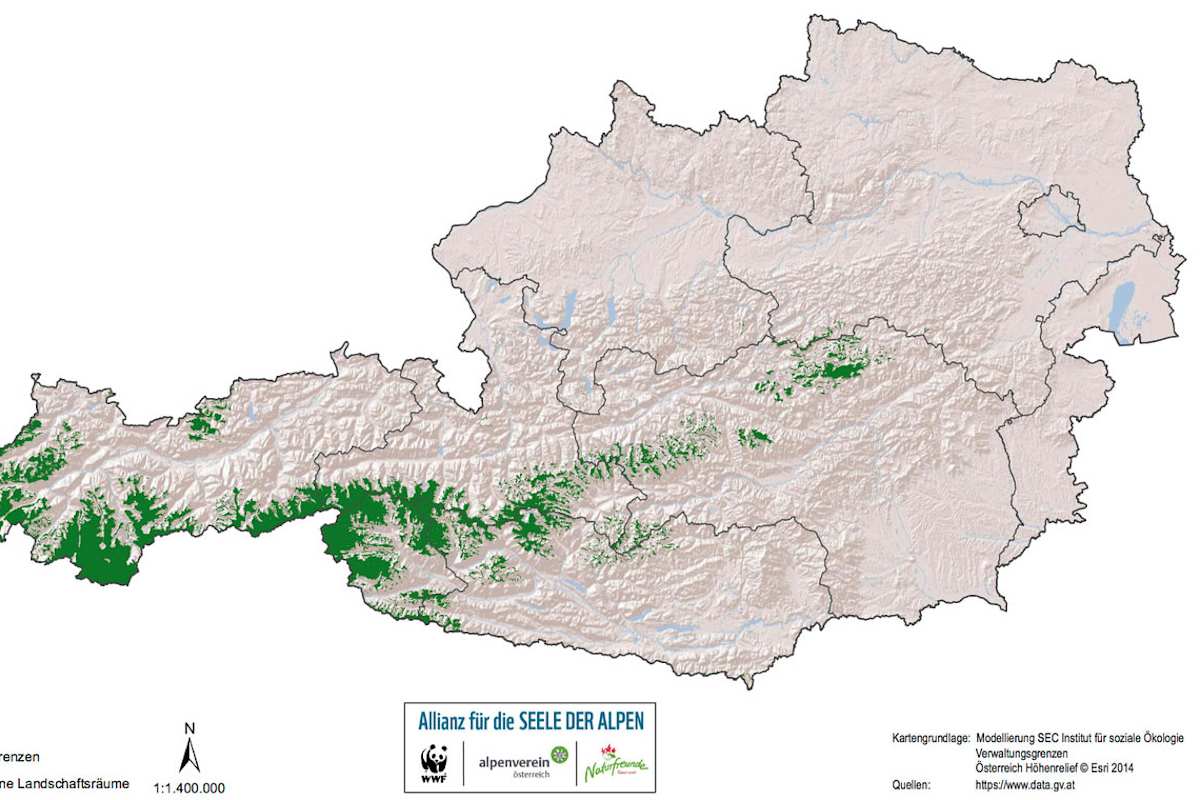Karte: Naturbelassene Landschaftsräume in Österreich