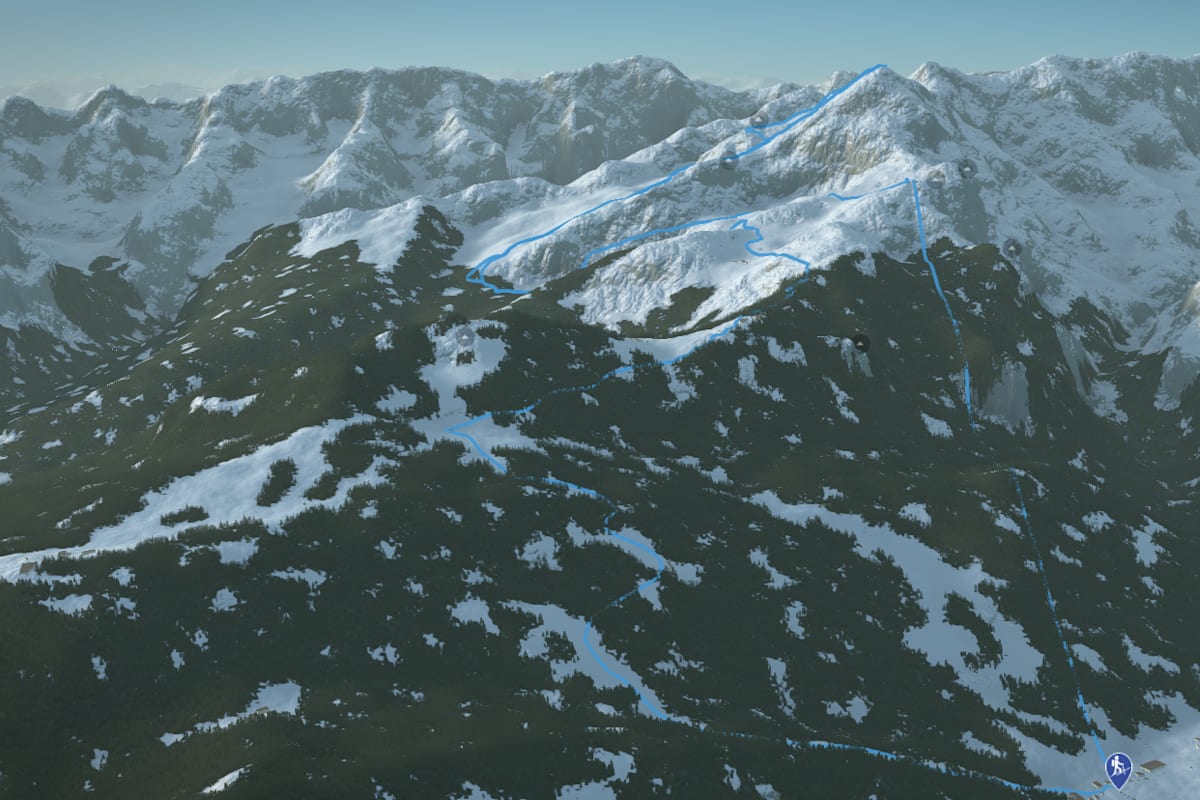 3D-Kartenausschnitt der Skitour auf die Alpspitze über Garmisch Partenkirchen