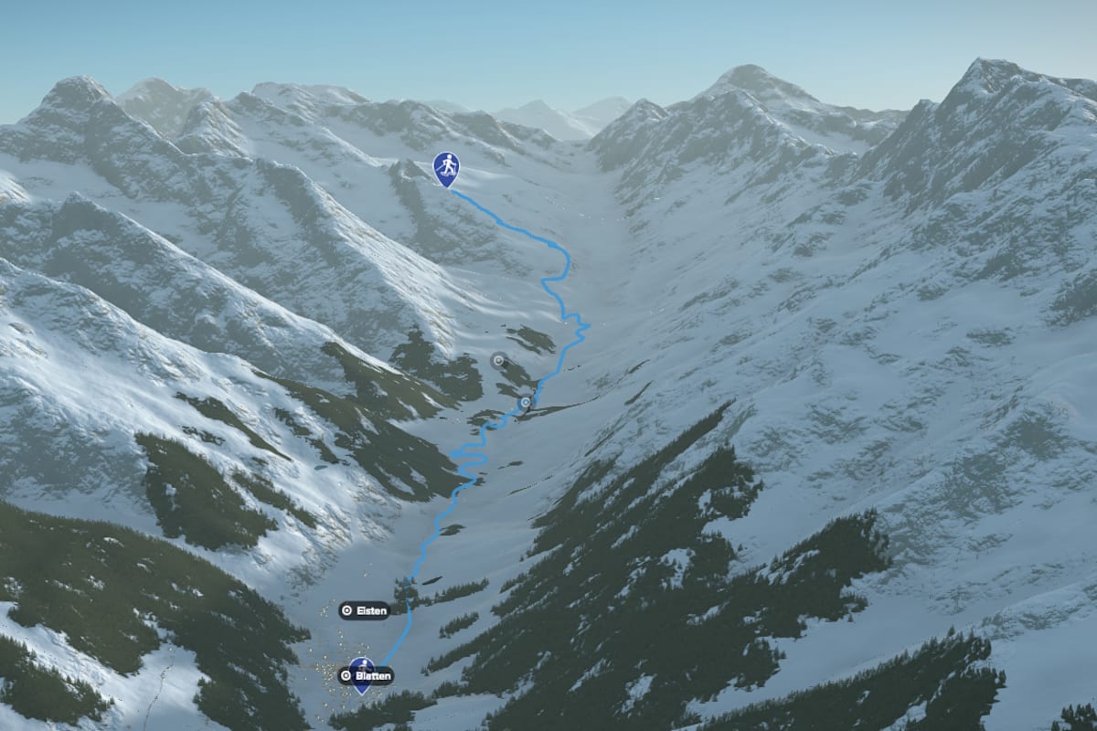 3D-Kartenausschnitt der Schneeschuhtour Anenlücke