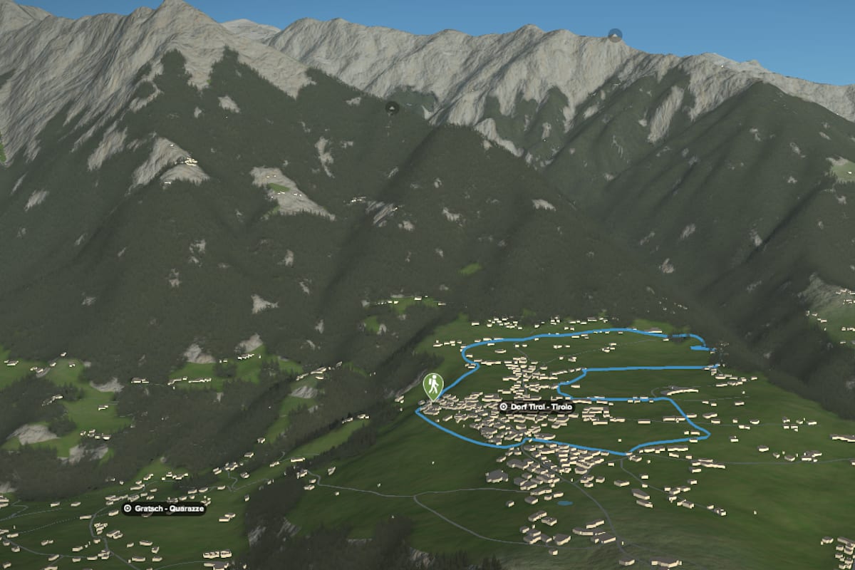 3D-Kartenausschnitt des Apfelwegs im Dorf Tirol