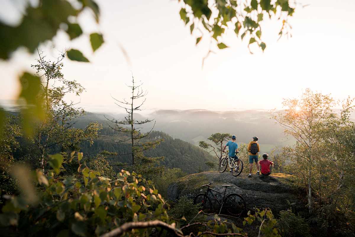 Gruppe von Radfahrern sitzt mit Blick über die Mühlviertler Hügel im Abendlicht.