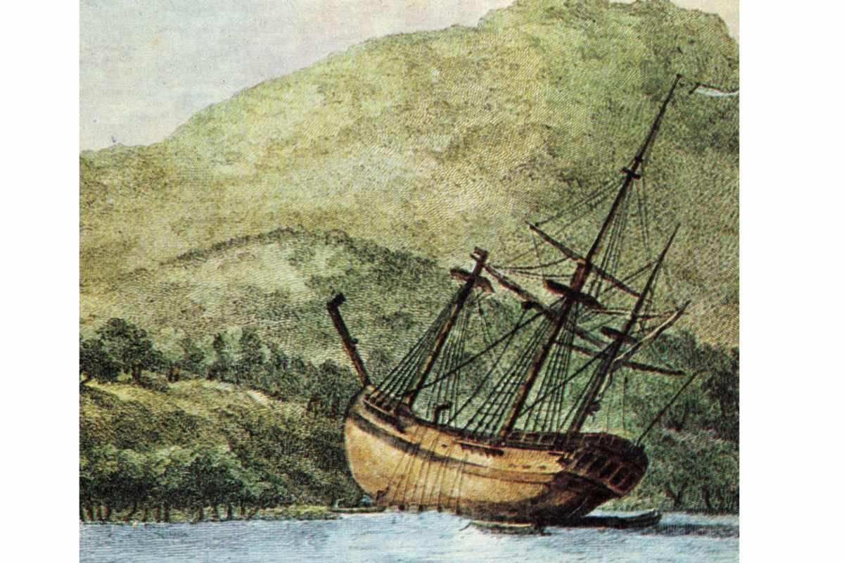 Zeichnung von 1770: James Cooks Schiff im australischen Queensland