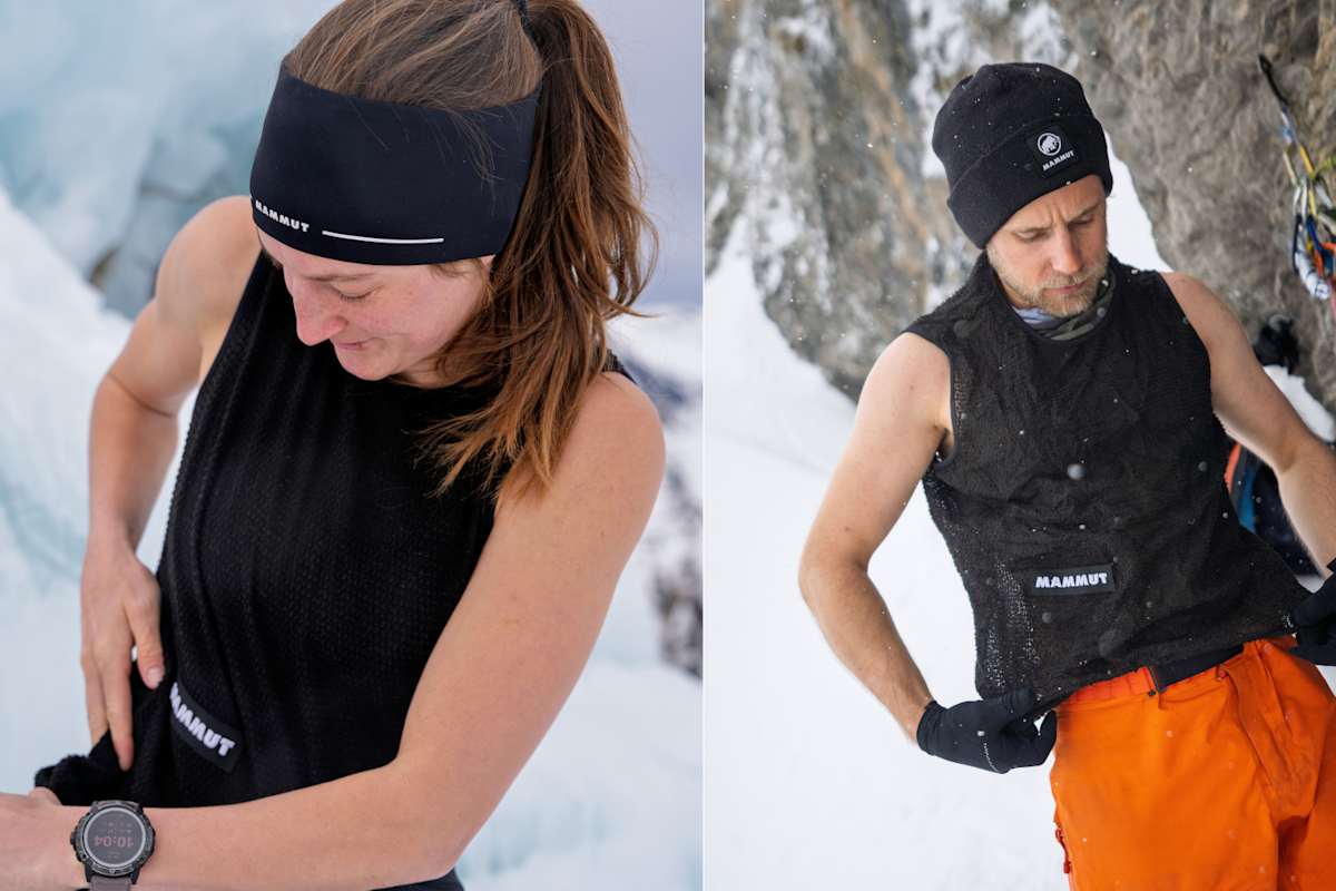 Eine Frau und ein Mann tragen die Eiger Nordwand FL Air Mesh Vest, der neuen Mammut-Kollektion.