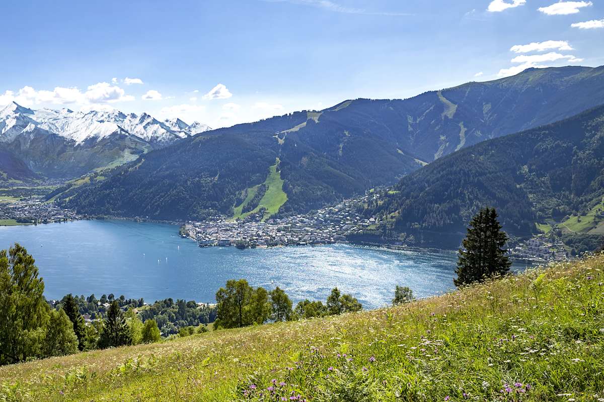 Gletscher, Berge, See – ein Sommer wie im Bilderbuch. Ein Panoramabild von Zell am See.