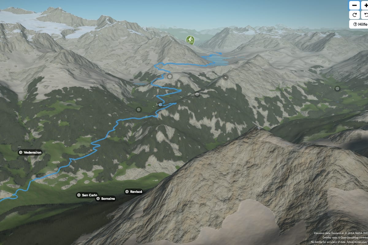 3D-Kartenausschnitt der Biketour Bernina Express