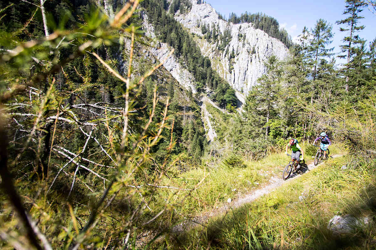 Zwei Mountainbiker fahren auf einem schmalen Singletrail durch eine alpine Landschaft mit Felsen, Bäumen und Bergkulisse in Oberösterreich.