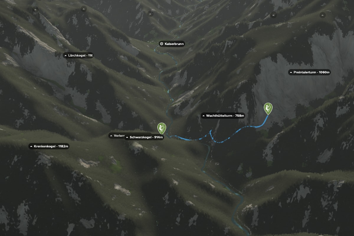 3D-Kartenausschnitt der Klettertour Blechmauerverschneidung