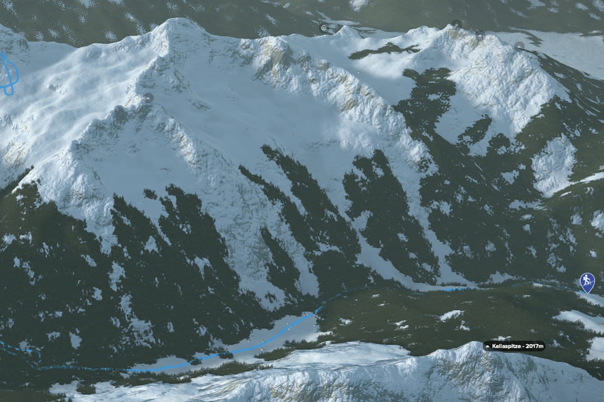 3D-Kartenausschnitt der stadtnahen Skitour auf das Weiße Rössle