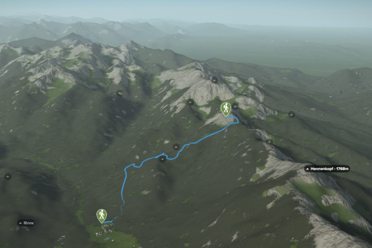 3D-Kartenausschnitt der Wanderung auf den Brunnenkopf (1.718 m)