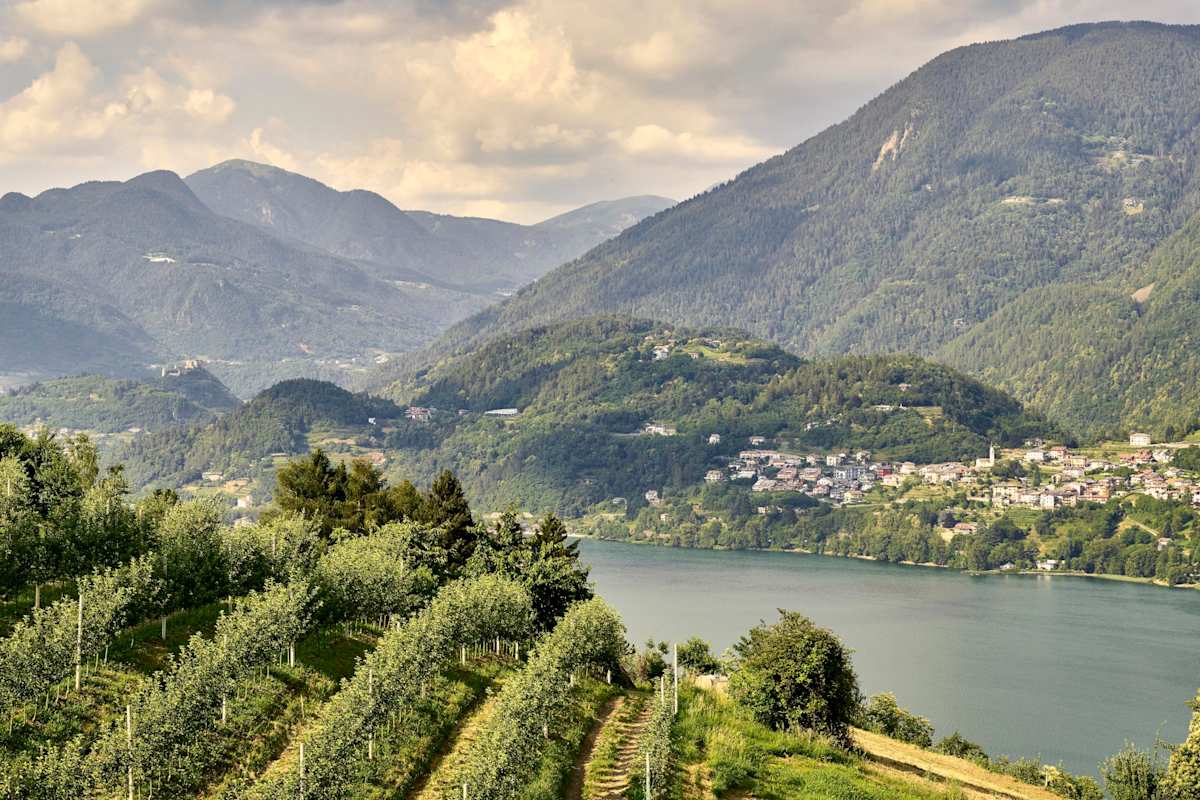 Sanfte Weinberge und grüne Wälder umschließen den Caldonazzosee im Valsugana.