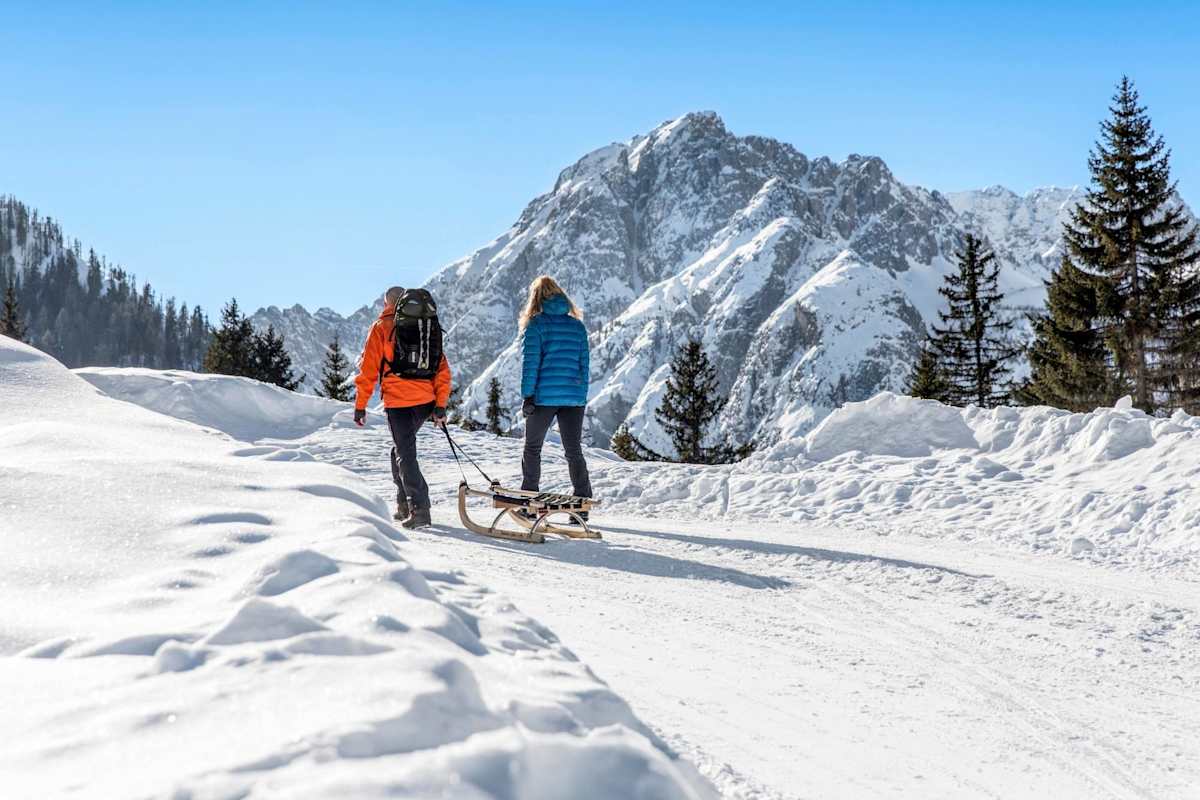 Zwei Rodler steigen auf zur Hütte