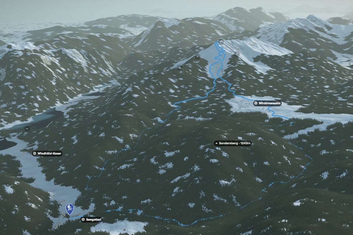 3D-Kartenausschnitt der Skitour auf das Dürrnbachhorn