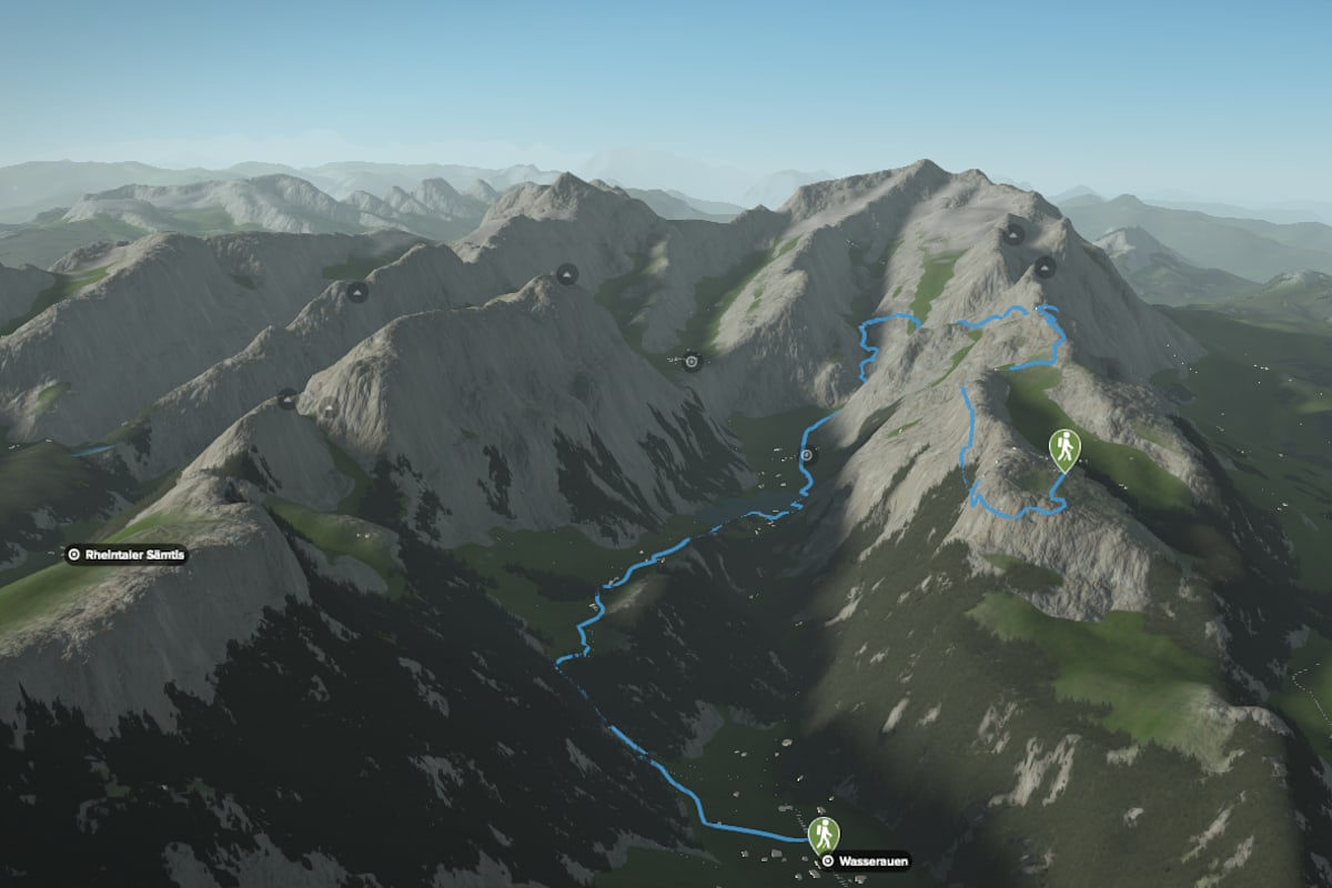 3D-Kartenausschnitt der Höhlenwanderung am Alpstein