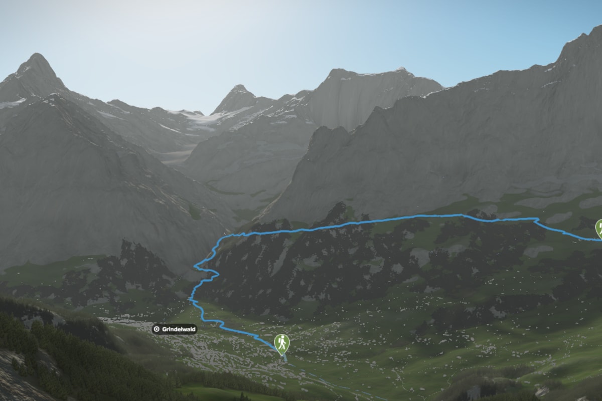 3D-Kartenausschnitt der Wanderung durch die Schlucht des Unteren Grindelwaldgletschers