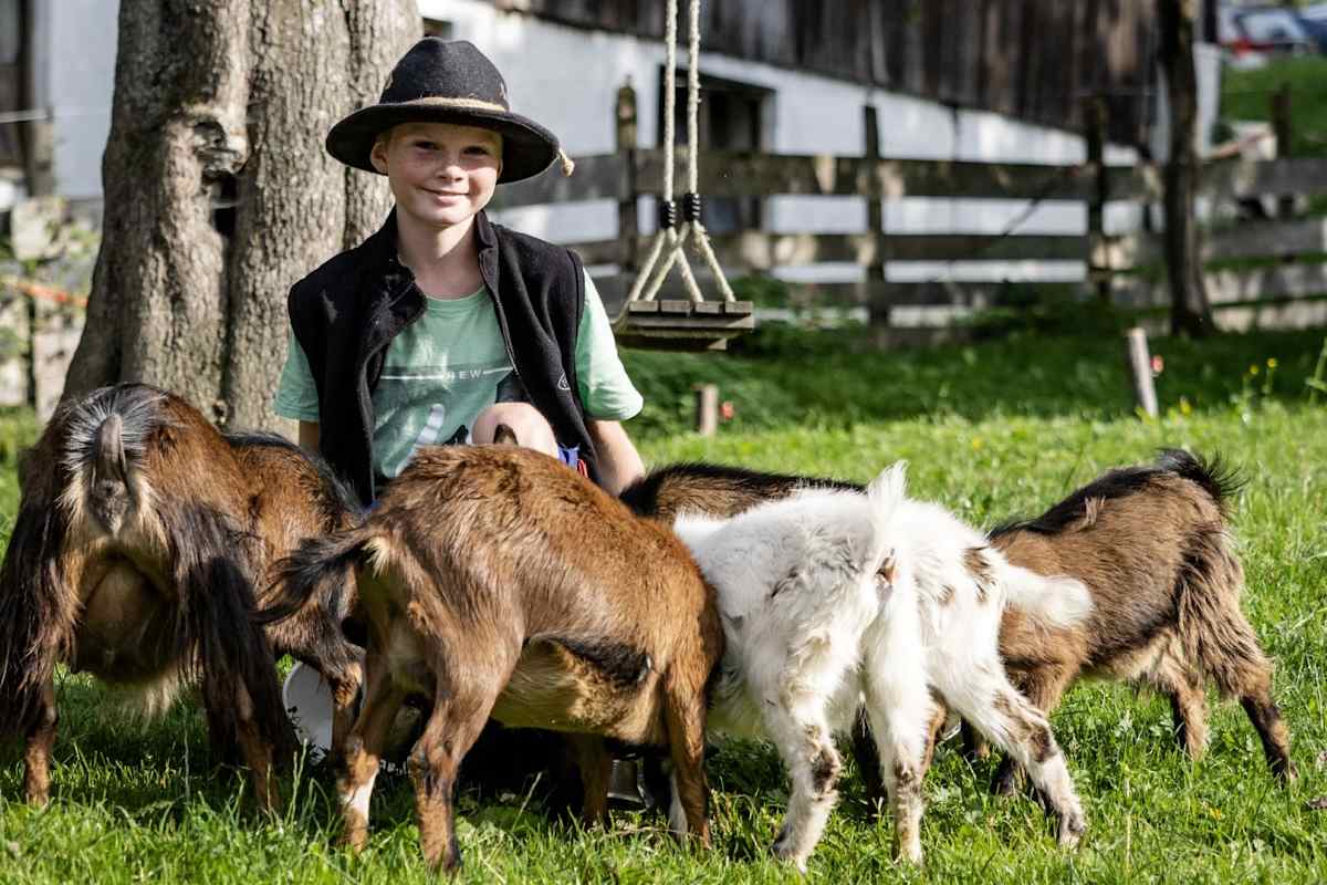 Ein Bub mit einem Hut sitzt in der Wiese, umringt von Ziegen.