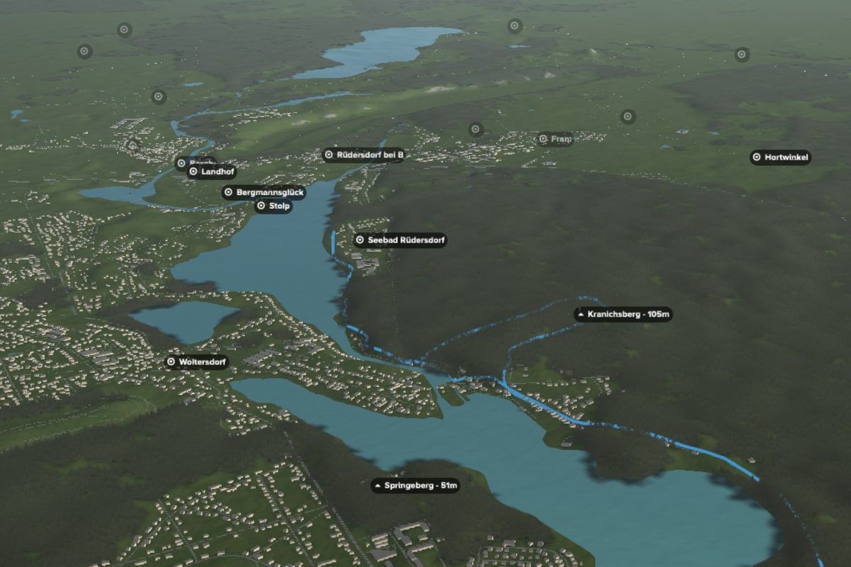 3D-Kartenausschnitt der stadtnahen Tour am Flaken- und Kalksee nahe Berlin