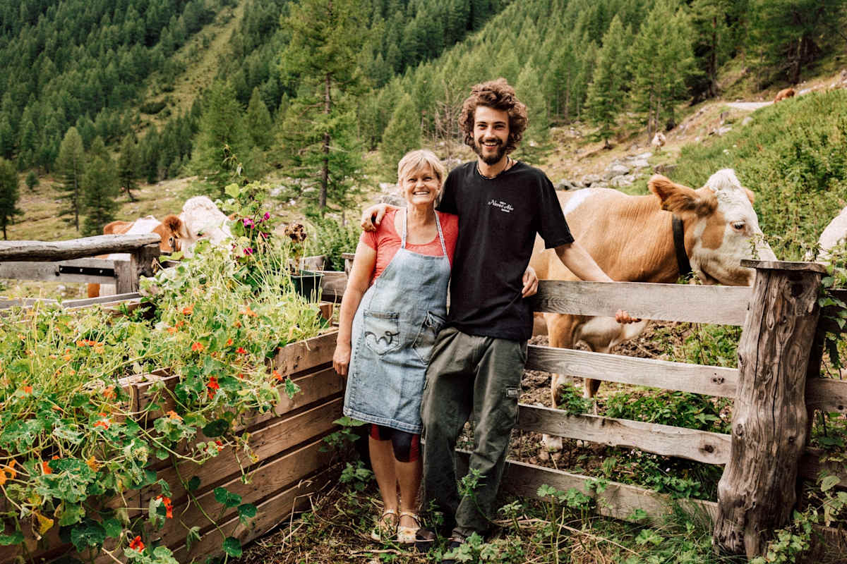 Hüttenbetreiber mit Milchkühen auf der Alm