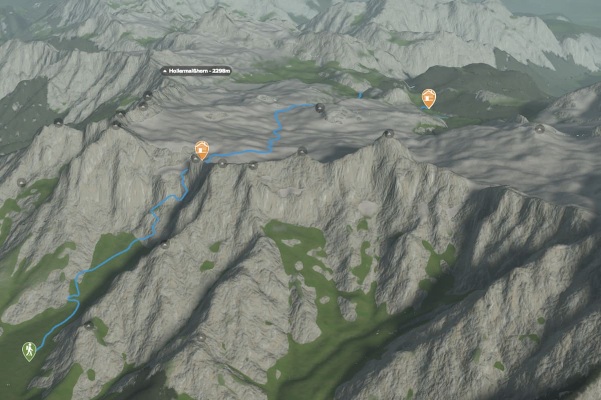 3D-Kartenausschnitt der Wasserwanderung zum Kärlingerhaus und Funtensee in den Berchtesgadener Alpen