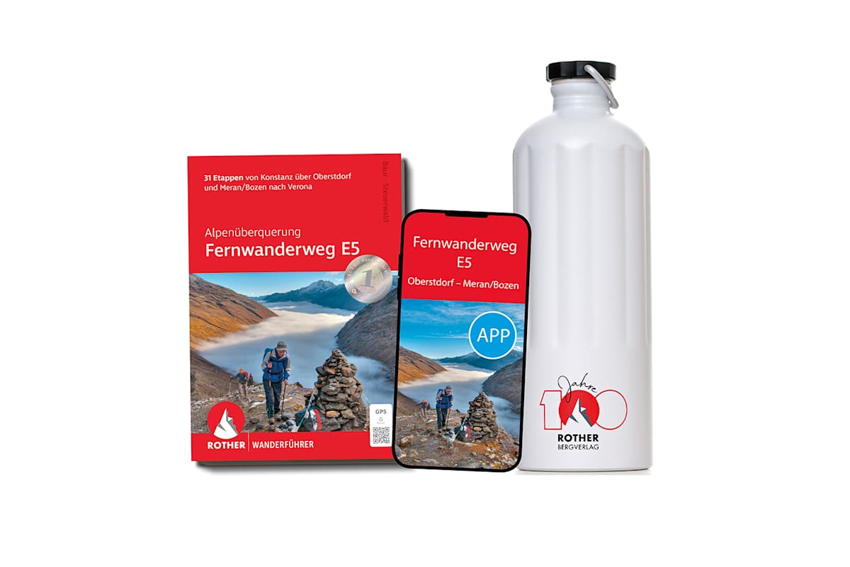 Mit dem Fernwanderweg E5 Wanderführer vom Rother Bergverlag und der SIGG-Trinkflasche bist du für die Alpenüberquerung bestens gerüstet.