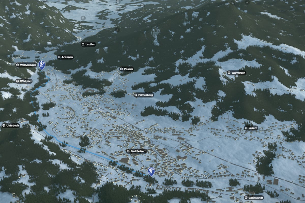 3D-Kartenausschnitt der Winterwanderung in Bad Goisern