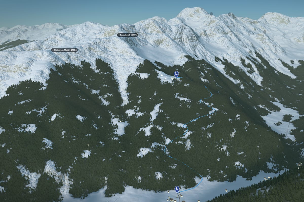 3D-Kartenausschnitt der Skitour auf die Häusleralm in der Goldberggruppe