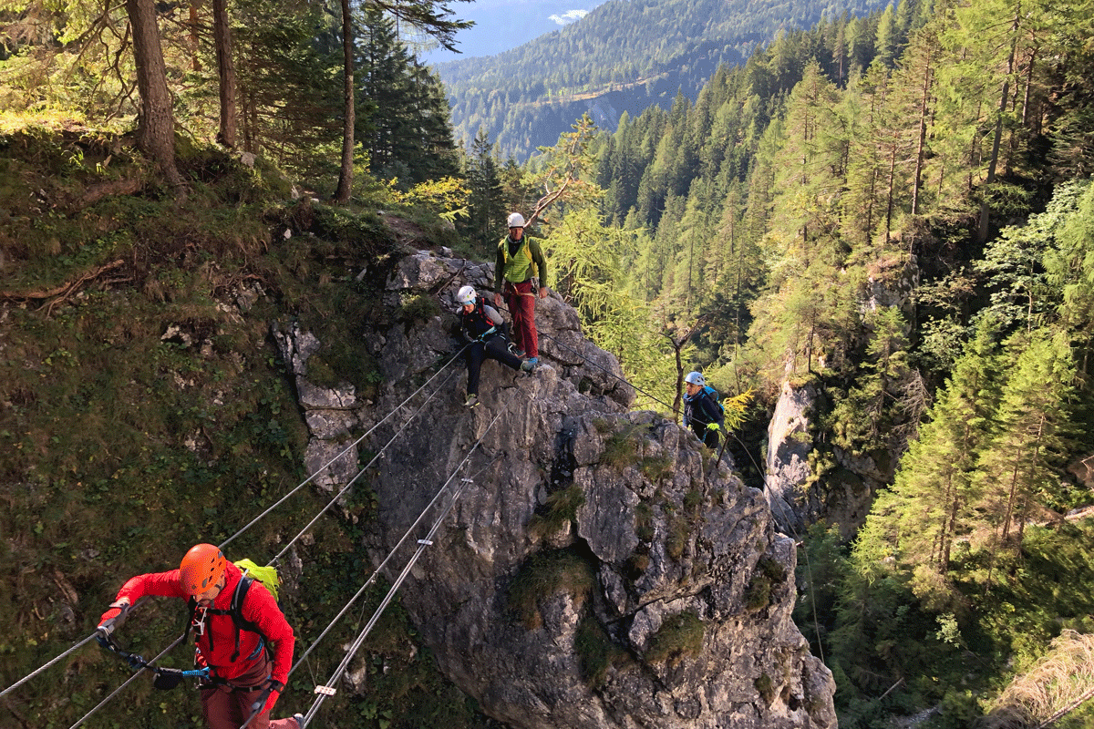 Über Eisenleitern, Hängebrücken und Trittstifte geht es durch die Silberkarklamm