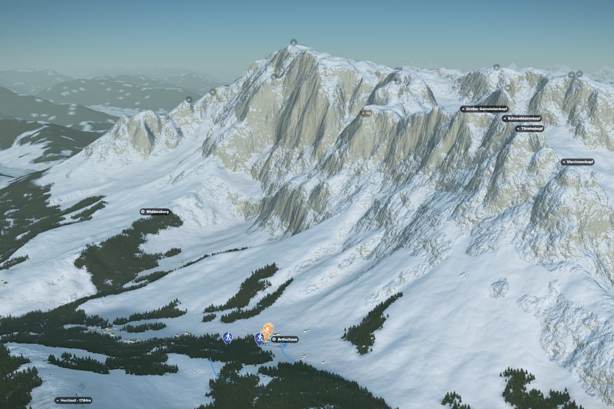 3D-Kartenausschnitt der Schneeschuhwanderung am Fuße des Hochkönig (2.941 m)