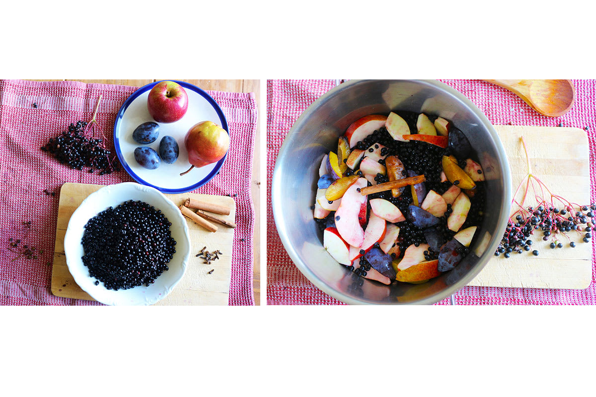 Zubereitung eines Hollerrösters: Holunderbeeren mit Apfel, Birne, Zwetschgen und Gewürzen