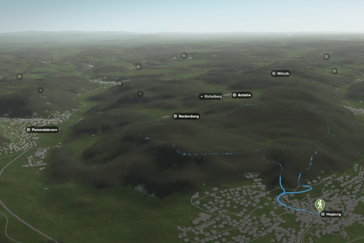 3D-Kartenausschnitt der stadtnahen Wanderung auf die Houbirg